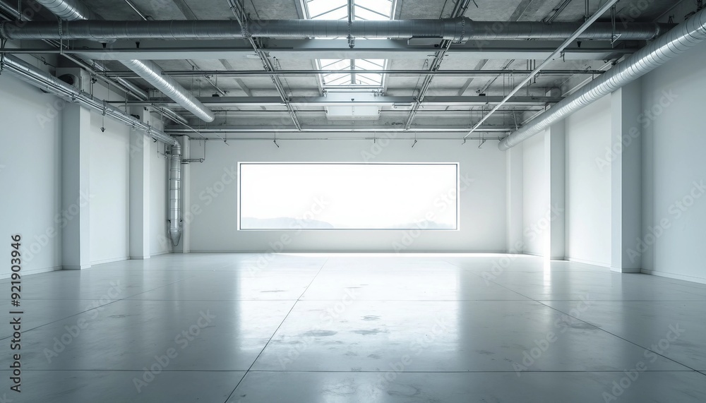 Inside a vast, empty factory, soft white tones and industrial pipes create an airy ambiance, with light reflecting off the shiny floor. Inside a vast, empty factory, soft white tones and industrial pipes create an airy ambiance, with light reflecting off the shiny floor.