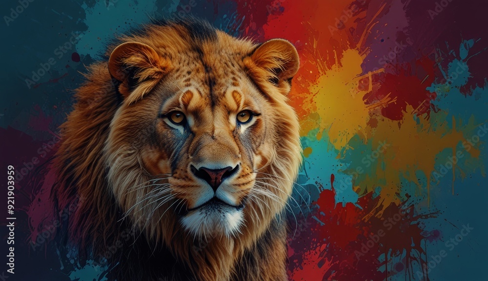 Majestic Lion Against Colorful Background Majestic Lion Against Colorful Background