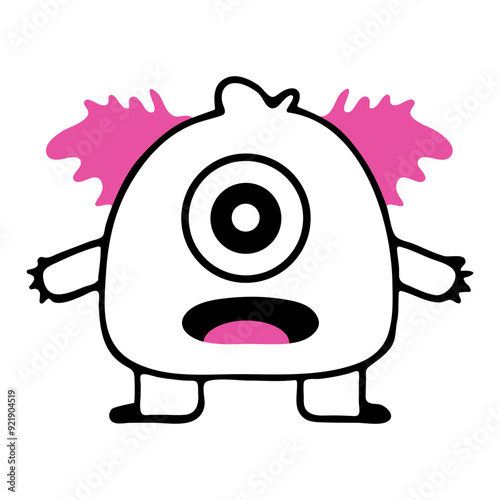 A cute, cartoonish one-eyed monster with a large open mouth and pink horns or ears against a white background
