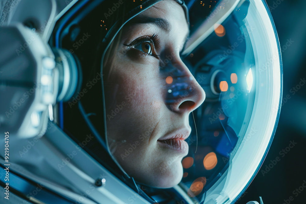 Closeup Generative AI picture of astronaut male female floating through space galaxy planet moon stars Closeup Generative AI picture of astronaut male female floating through space galaxy planet moon stars