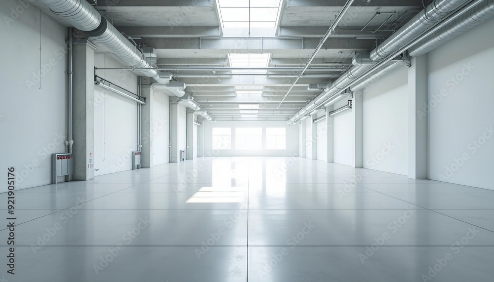 Inside a vast, empty factory, soft white tones and industrial pipes create an airy ambiance, with light reflecting off the shiny floor. Inside a vast, empty factory, soft white tones and industrial pipes create an airy ambiance, with light reflecting off the shiny floor.