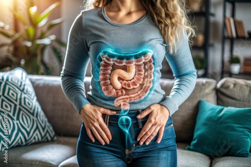 Woman suffering from abdominal pain with small and large intestines organ shape. Digestive tract problems include colitis, IBS or colon cancer.