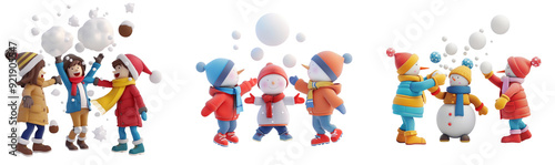 3D Snowy Day Character Throwing Snowballs with Friends, on a isolated transparent background
