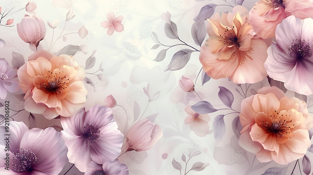 Obraz premium Delicate pastel floral design, soft pink, lavender, mint, and peach hues, intricate flowers and leaves, seamless repetition, hd quality, airy and elegant. --ar 16:9 --v 6.0 --s 250 --style raw