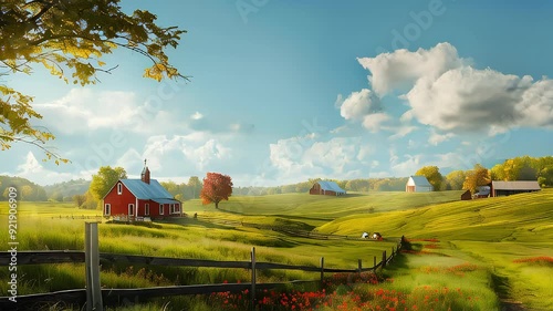 Rural landscape animation. Countryside farm with rolling hills, farmhouses, and green fields. Enjoy the peaceful view of the countryside farm in motion. photo