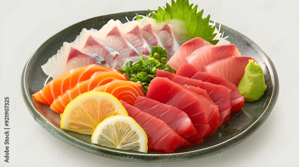 A gourmet platter of freshly sliced sashimi, showcasing an array of vibrant, raw fish. A gourmet platter of freshly sliced sashimi, showcasing an array of vibrant, raw fish.