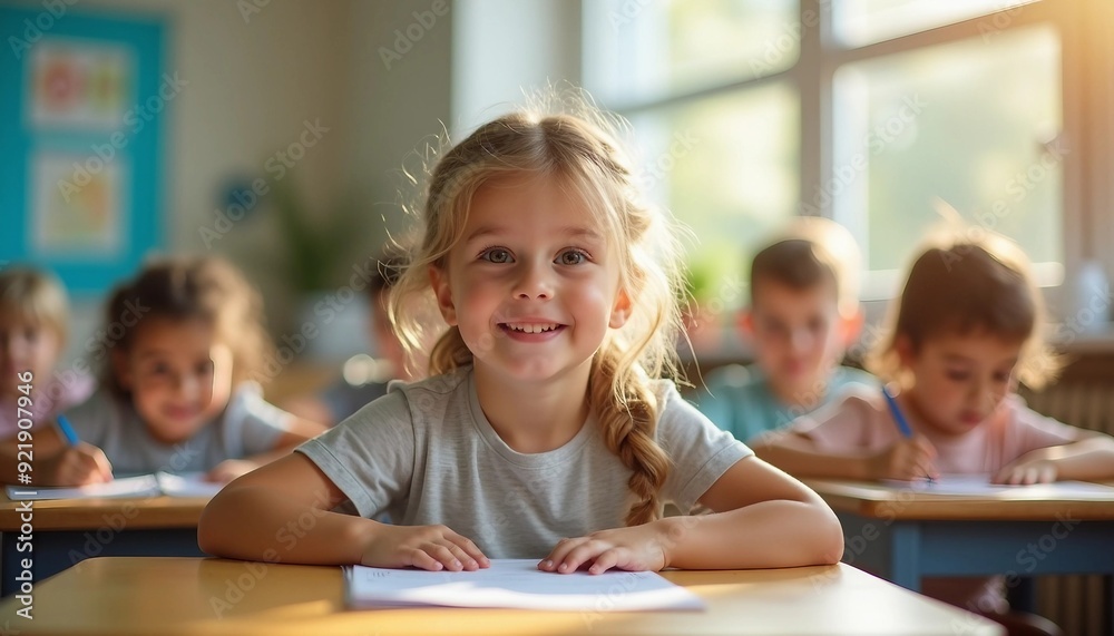 In a bright classroom, an elementary student smiles warmly at their desk, surrounded by engaged classmates in a cozy setting. In a bright classroom, an elementary student smiles warmly at their desk, surrounded by engaged classmates in a cozy setting.