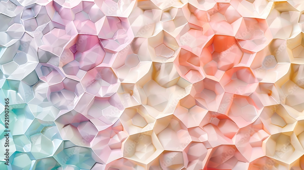 Fototapeta premium Honeycomb pattern in pastel colors, soft hues of lavender, mint, peach, and pink hexagons, seamless and geometric design, hd quality, light and airy feel, delicate and whimsical. --ar 16:9 --v 6.