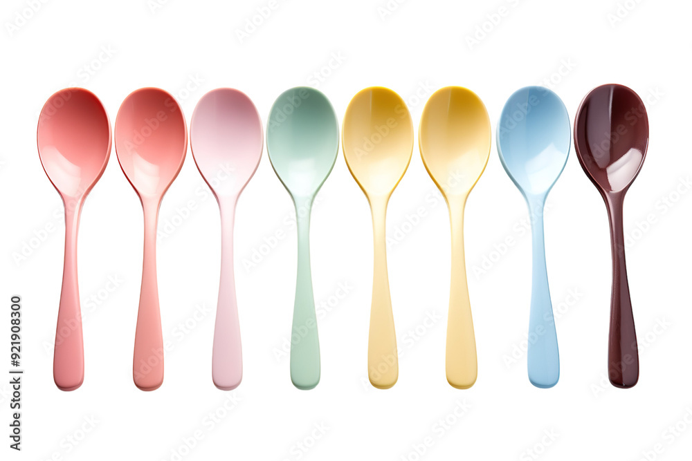Colorful Collection of Spoons Arranged Neatly on White Background in Morning Light on White or PNG Transparent Background. Colorful Collection of Spoons Arranged Neatly on White Background in Morning Light on White or PNG Transparent Background.