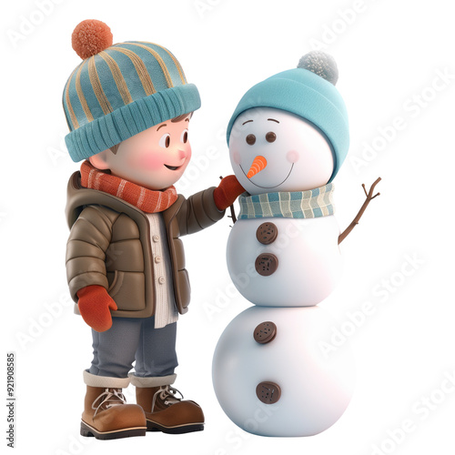 3D Snowy Day Character Building a Snowman, on a isolated transparent background