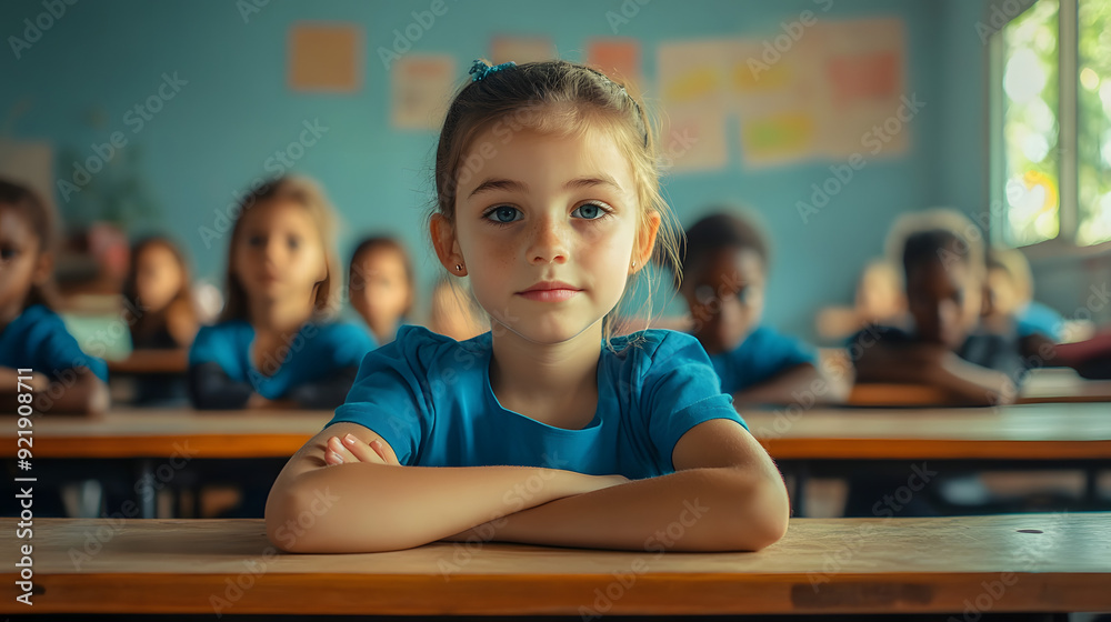 A young girl in a blue shirt sits at a desk in a classroom. She is the only one looking at the camera A young girl in a blue shirt sits at a desk in a classroom. She is the only one looking at the camera