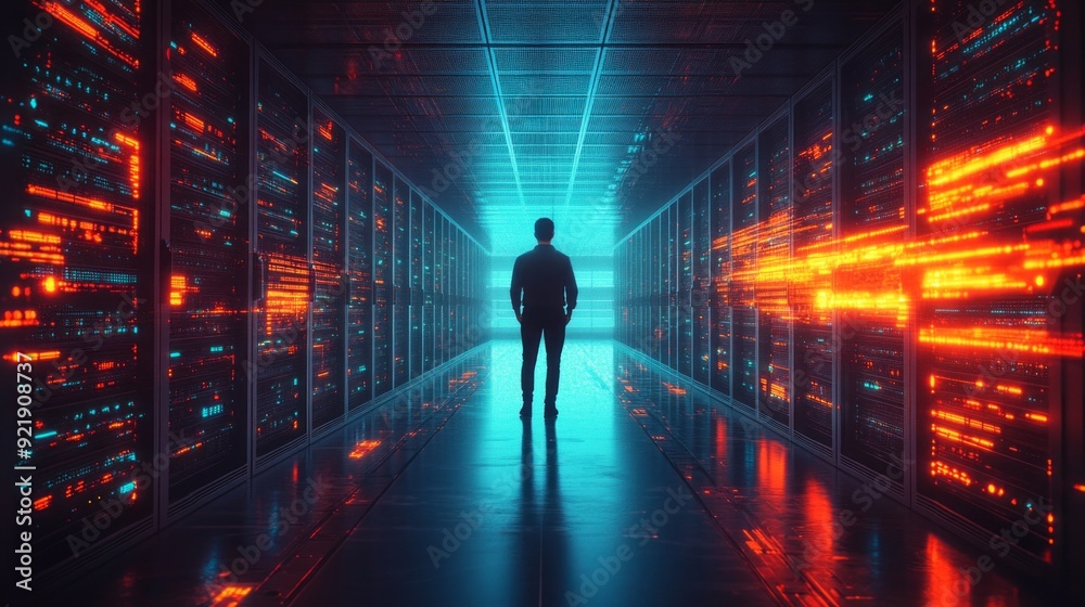 A man stands in a long, dark hallway with a blue light shining on him A man stands in a long, dark hallway with a blue light shining on him