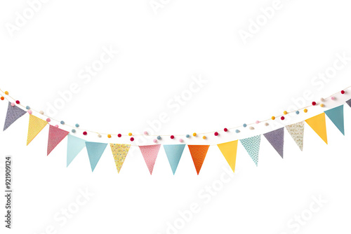 Colorful Decorative Bunting With Pom Poms Displayed for a Joyful Celebration in a Bright Room on White or PNG Transparent Background.