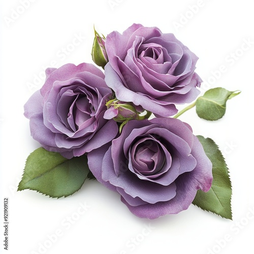 Close up of Beautiful purple rose flowers with leaves on an isolated white background