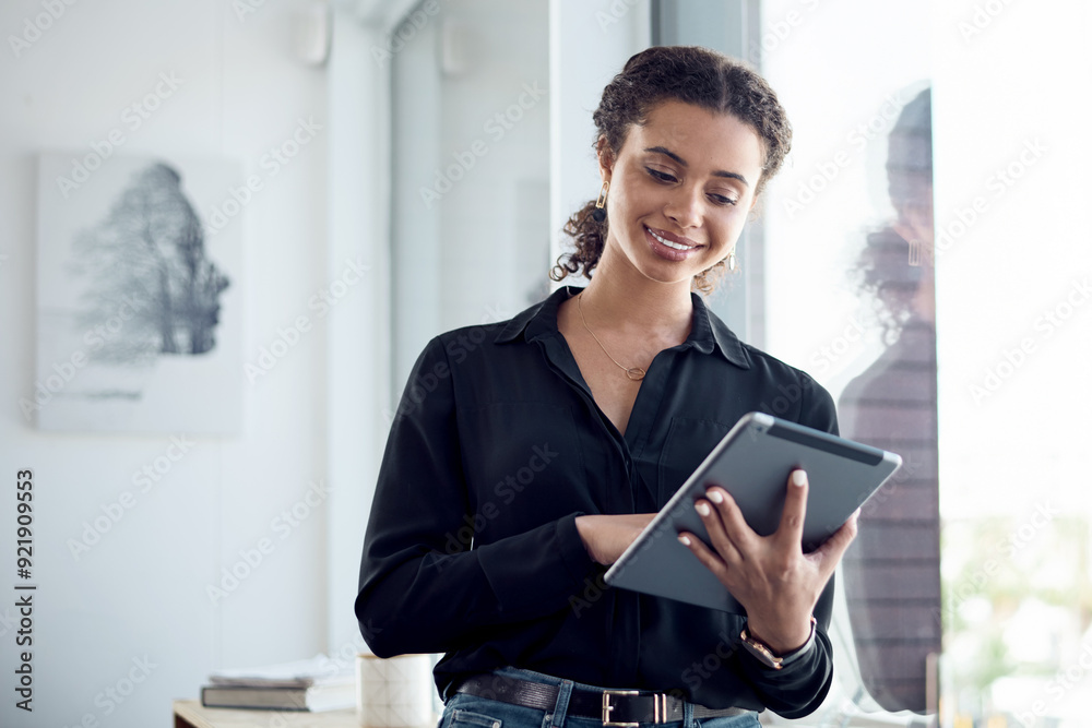 Woman, tablet and online for reading in office, public relations employee and monitor news trends. Female person, chat and market research on social media, networking client and email press release