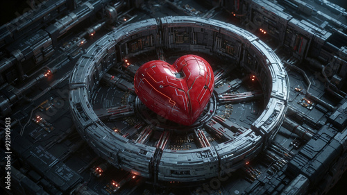 A vibrant red cybernetic heart securely positioned within a complex mechanical enclosure. Sci-fi, technology, futuristic health, St. Valentine's for geeks.