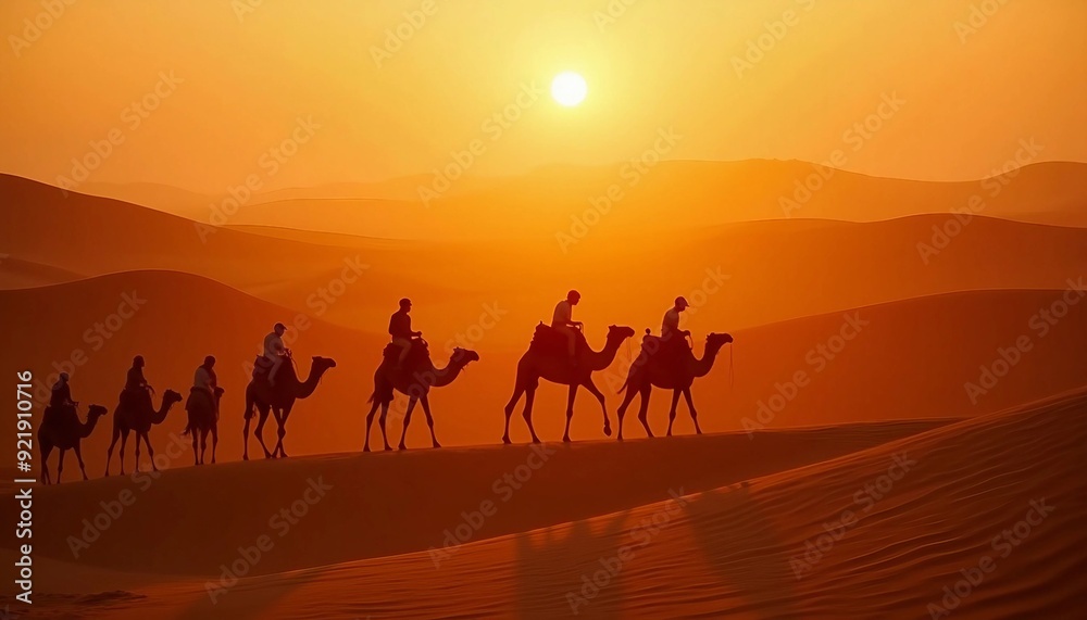 Herds of camels moving symmetrically across the desert dunes at sunset. Herds of camels moving symmetrically across the desert dunes at sunset.