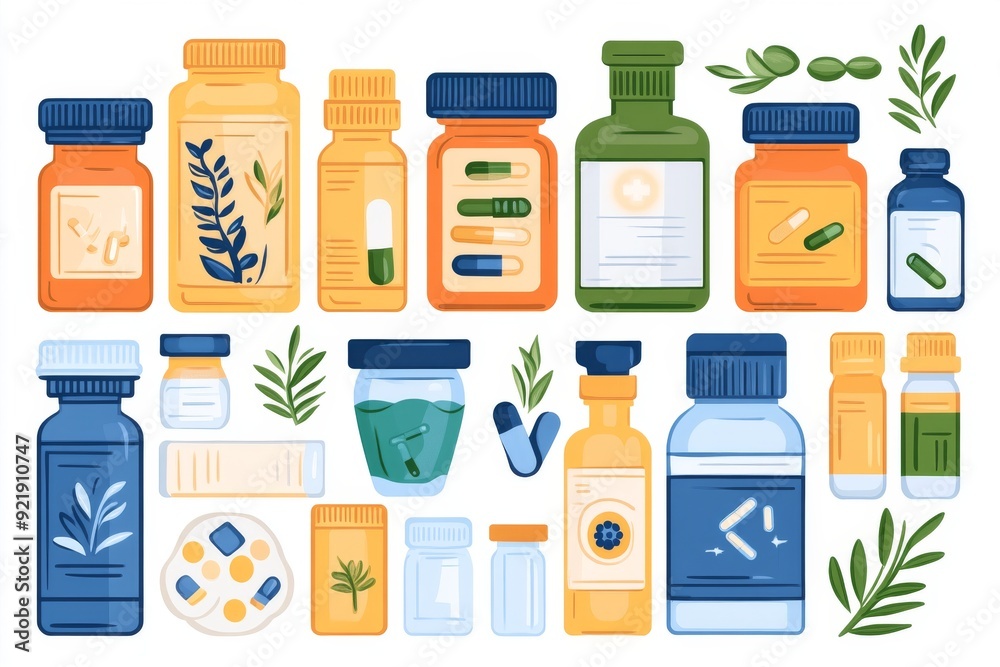 Creative display of herbal supplements and natural remedies in a charming flat lay composition Creative display of herbal supplements and natural remedies in a charming flat lay composition