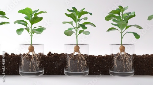 Botanical Growth: 3D Animation of Vegetative Propagation Process with Rooting Cuttings on White Background