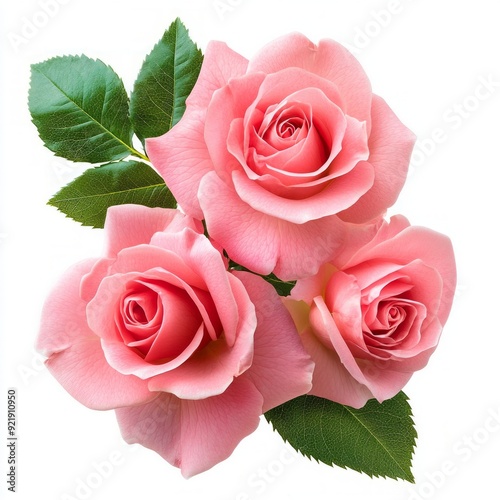 Close up of Beautiful pink rose flowers with leaves on an isolated white background photo