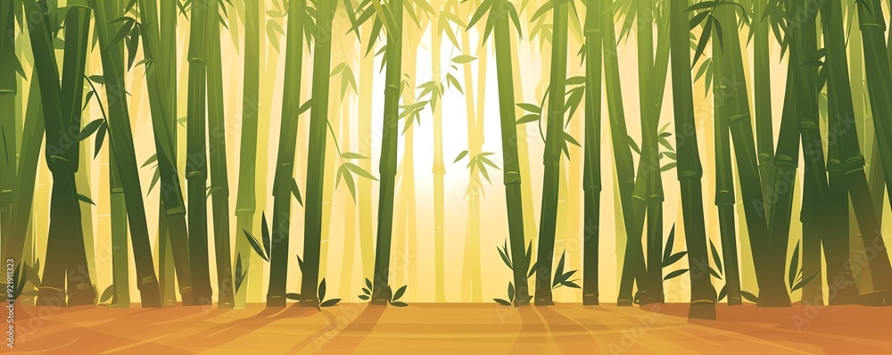 Obraz premium Tranquil bamboo forest scene at sunrise with light filtering through tall green stalks, creating a serene and peaceful atmosphere.