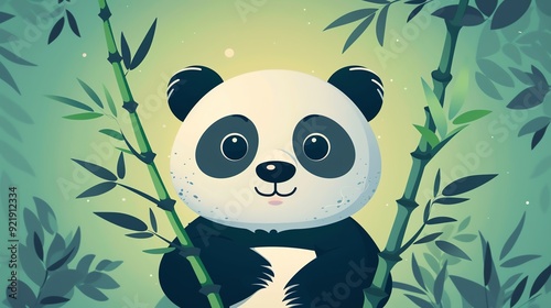 Cute cartoon panda holding bamboo amidst lush green leaves, vibrant colors and adorable expression.