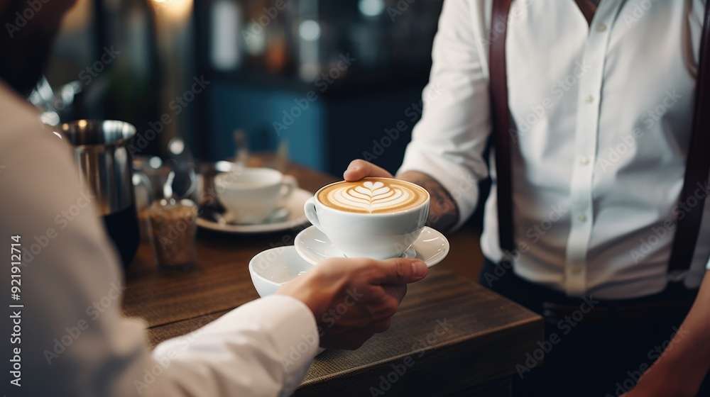Close-up of a beautiful barista presenting a coffee cup to a customer in a stylish cafe setting,generative ai Close-up of a beautiful barista presenting a coffee cup to a customer in a stylish cafe setting,generative ai