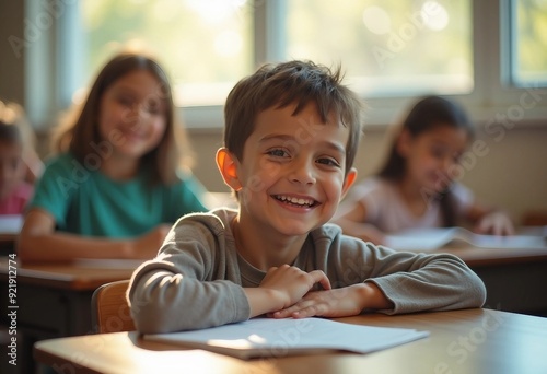 In a bright classroom, an elementary student smiles warmly at their desk, surrounded by engaged classmates in a cozy setting.