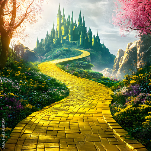 enchanted yellow brick road leading to magical emerald city in springtime , fantasy, oz, magicians isolated on white background, space for captions, png photo