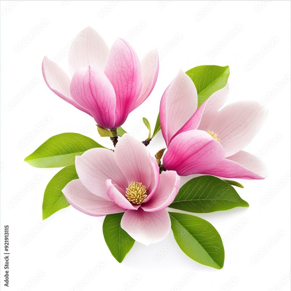 Obraz premium Close up of Beautiful pink spring magnolia flowers with leaves on an isolated white background