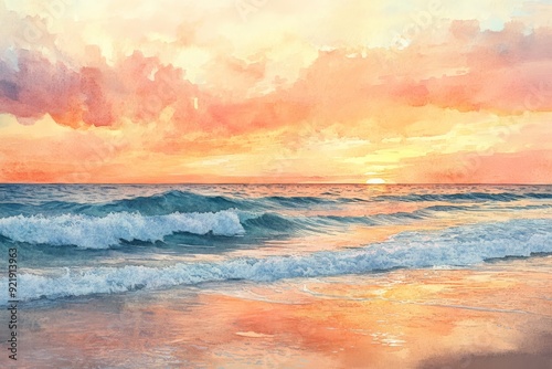 A stunning sunset over the ocean with gentle waves crashing onto the sandy beach, creating a serene and picturesque seascape scene.
