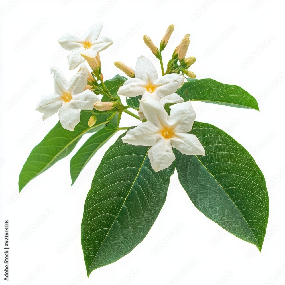 Obraz premium Close up of Blooming phumelia or Champa flower with leaves on an isolated white background 