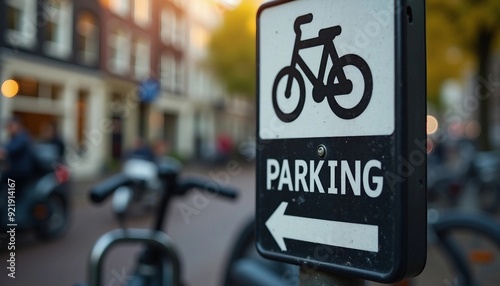 Round bike parking sign with a blurred Amsterdam cityscape in the background.