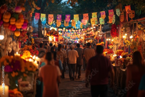 Mexican people in the streets of the city during the celebration of the day of the dead, concept of national holidays, day of the dead and traditional values