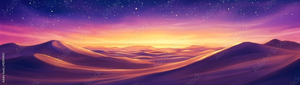 A tranquil desert landscape at sunset with vibrant purple and orange hues, rolling sand dunes, and a starry night sky in the background. A tranquil desert landscape at sunset with vibrant purple and orange hues, rolling sand dunes, and a starry night sky in the background.