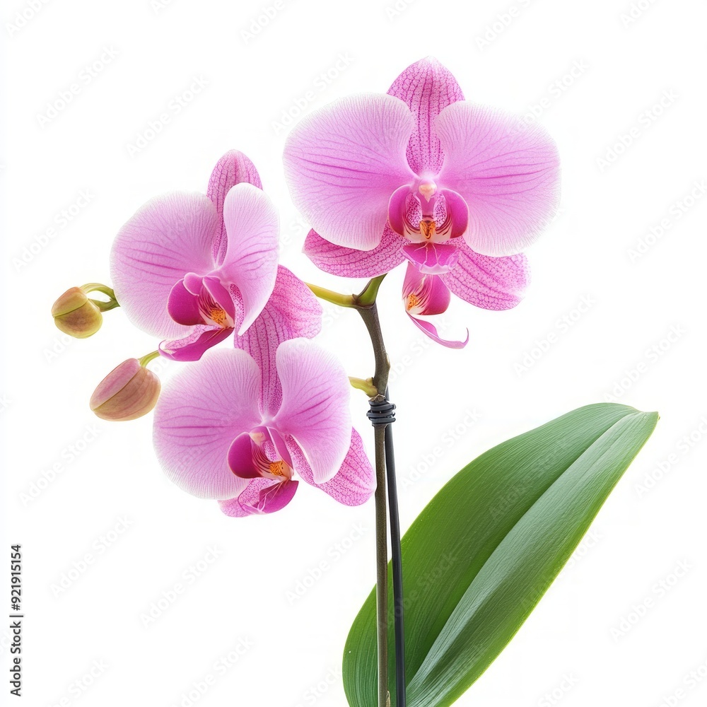 Close up of rosy beautiful orchid with leaves on an isolated white background Close up of rosy beautiful orchid with leaves on an isolated white background