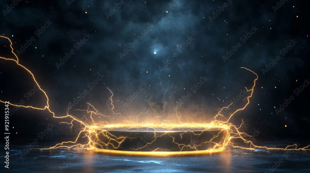 A podium surrounded by glowing and powerful electric sparks on a dark background. The contrast between the bright sparks and the dark background makes the podium stand out.
A podium surrounded by glowing and powerful electric sparks on a dark background. The contrast between the bright sparks and the dark background makes the podium stand out.