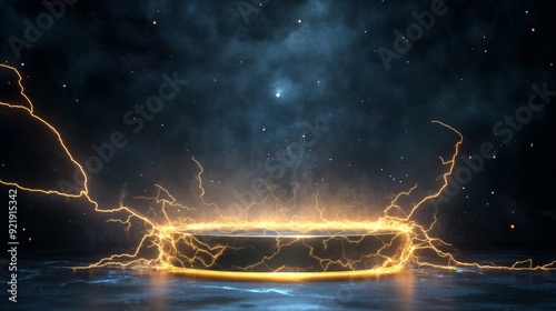 

A podium surrounded by glowing and powerful electric sparks on a dark background. The contrast between the bright sparks and the dark background makes the podium stand out.