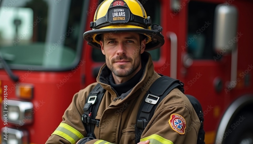 An American firefighter stands proudly next to a fire truck, dramatic light highlighting their determined expression and uniform details. An American firefighter stands proudly next to a fire truck, dramatic light highlighting their determined expression and uniform details.