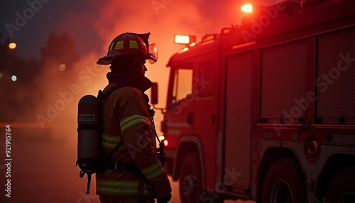 Portrait of a firefighter at the scene next to a fire truck. photo