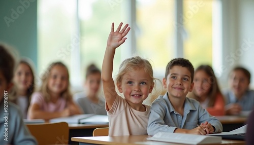 In a bright, modern classroom, a focused student raises their hand, highlighting eagerness to learn in a symmetrical, engaging composition.