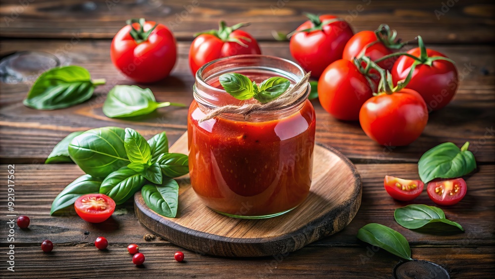 A clear glass jar filled with vibrant red homemade tomato sauce, garnished with a few fresh basil leaves, sitting on a rustic wooden table. A clear glass jar filled with vibrant red homemade tomato sauce, garnished with a few fresh basil leaves, sitting on a rustic wooden table.