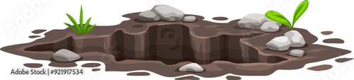 Ground hole, deep dirty pit and burrow in soil or mud surface. Isolated cartoon vector muddy crevice with rocks and greenery. Environmental natural gap on the lawn, meadow, farm, forest or garden