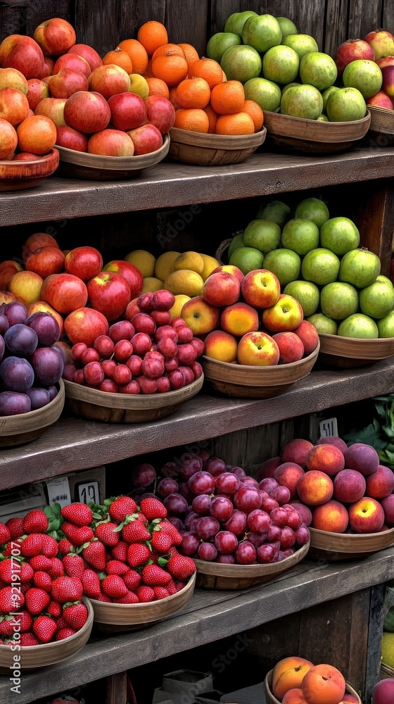 A vibrant display of fresh fruits at a bustling outdoor market in the city center, showcasing the season's best offerings A vibrant display of fresh fruits at a bustling outdoor market in the city center, showcasing the season's best offerings