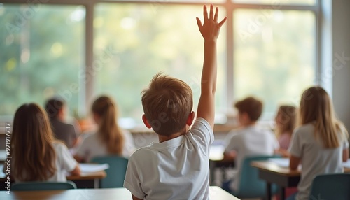 In a bright, modern classroom, a focused student raises their hand, highlighting eagerness to learn in a symmetrical, engaging composition. photo