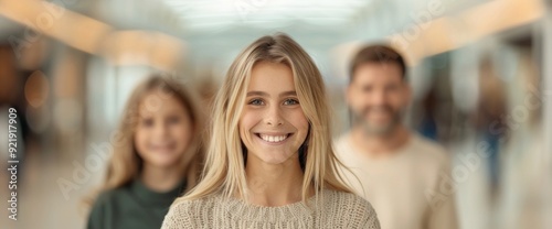 Family shopping for clothes at a trendy store, natural lighting, copy space