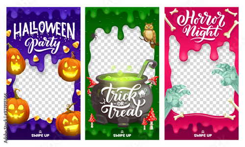 Halloween social media post frame with slime and holiday characters. Fall season scary party poster template, October horror event social media vector frame with pumpkins, cauldron and zombie hands