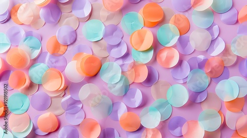 Tiny confetti dots in various pastel colors, scattered on a soft lavender background, hues of mint, peach, and pink, hd quality, festive and playful design, light and airy feel. 