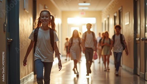 In a sunlit corridor of a middle school, excited students rush out of classrooms, capturing youthful enthusiasm and dynamic energy.