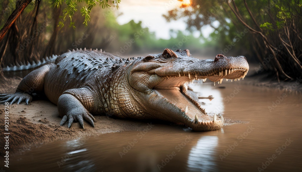 Naklejka premium crocodile basking on the muddy banks of a river